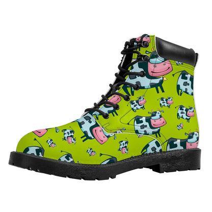 Cartoon Smiley Cow Pattern Print Work Boots