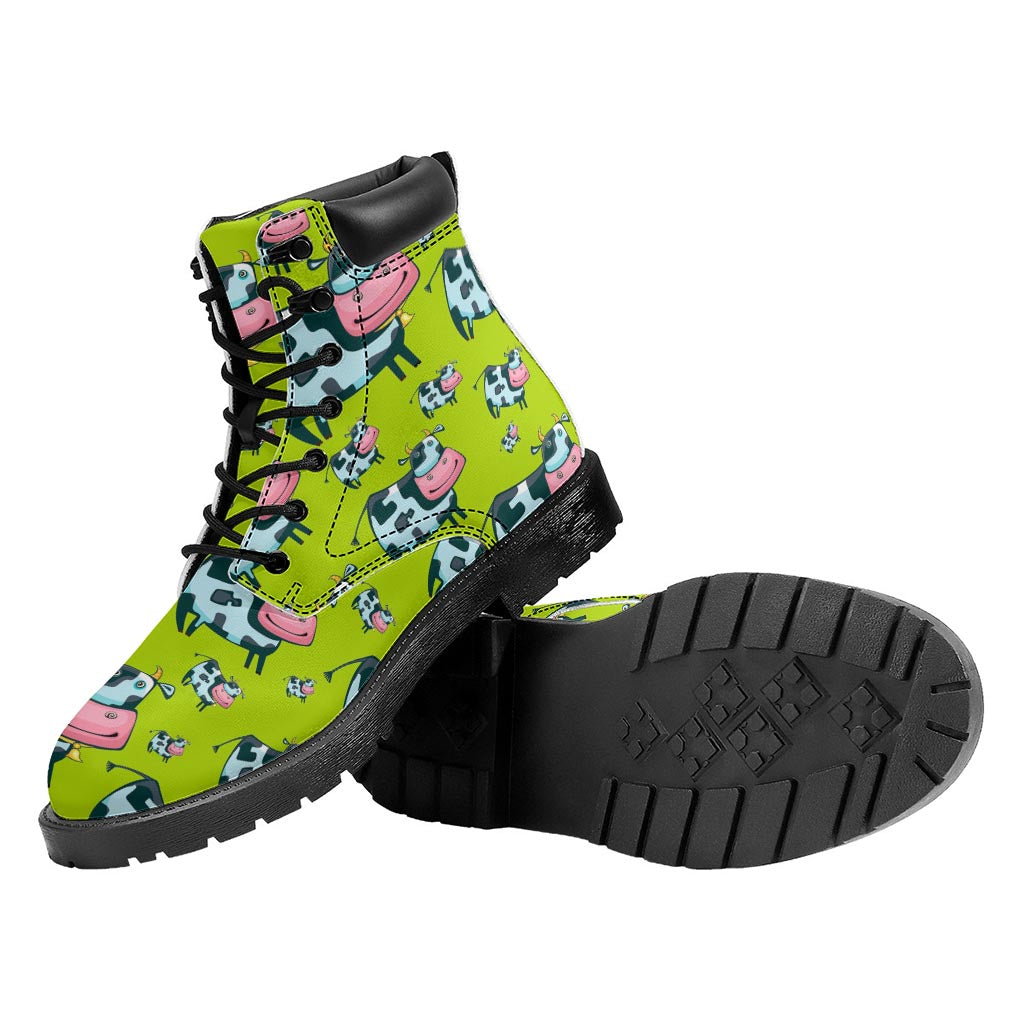Cartoon Smiley Cow Pattern Print Work Boots
