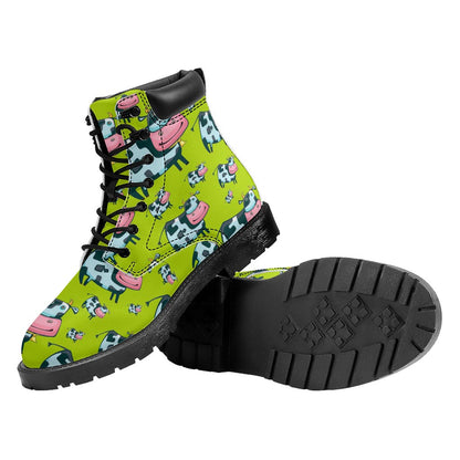 Cartoon Smiley Cow Pattern Print Work Boots