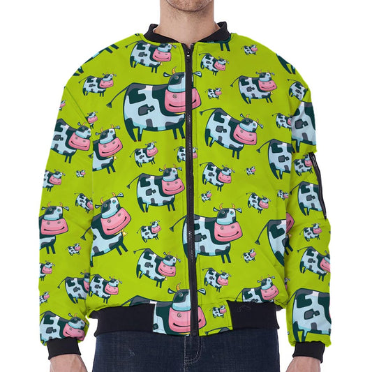 Cartoon Smiley Cow Pattern Print Zip Sleeve Bomber Jacket