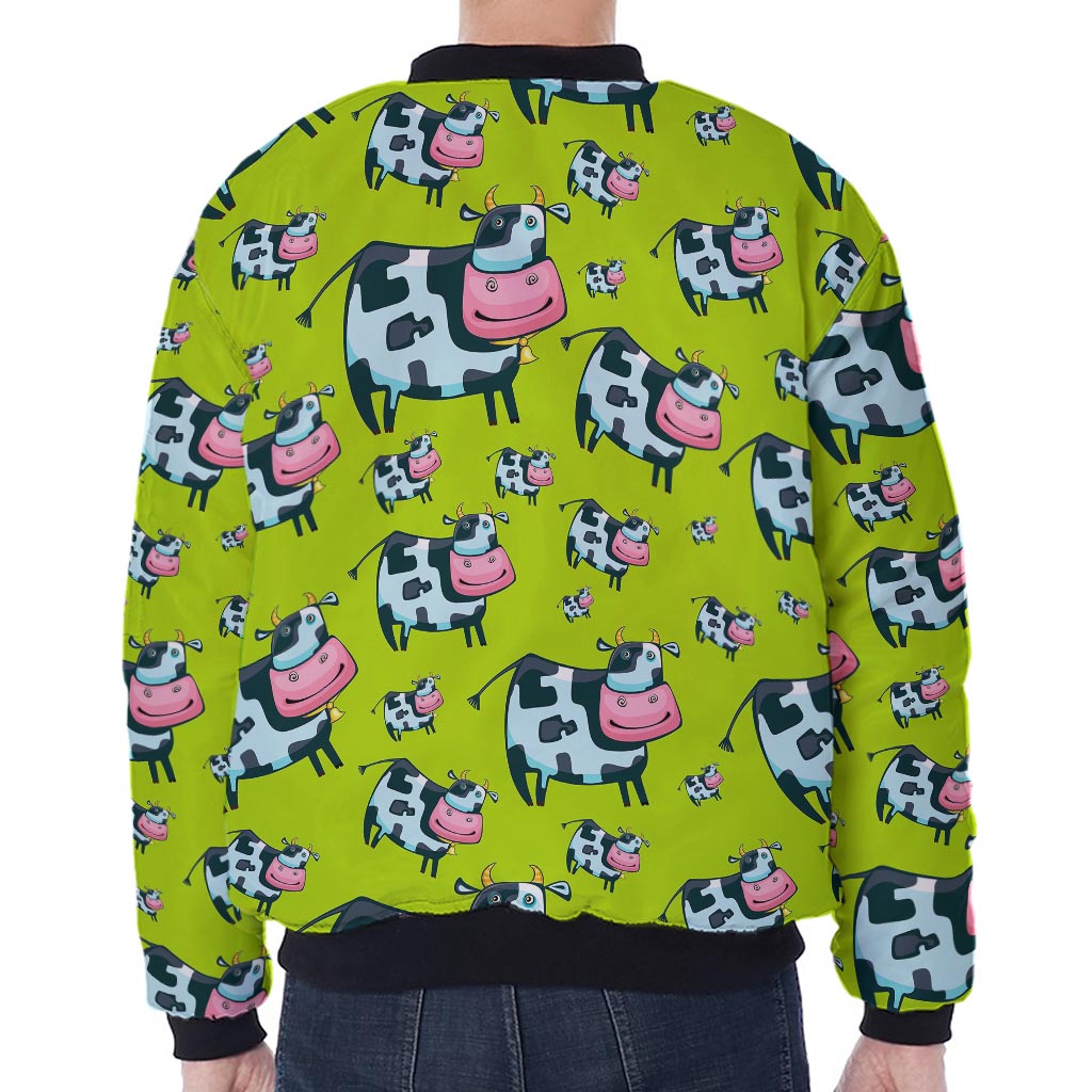 Cartoon Smiley Cow Pattern Print Zip Sleeve Bomber Jacket