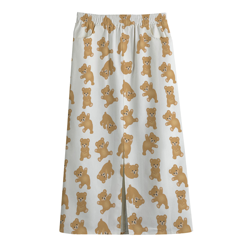 Cartoon Teddy Bear Pattern Print Cotton Front Slit Maxi Skirt