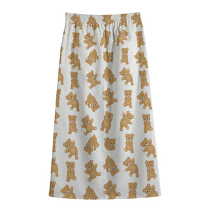 Cartoon Teddy Bear Pattern Print Cotton Front Slit Maxi Skirt