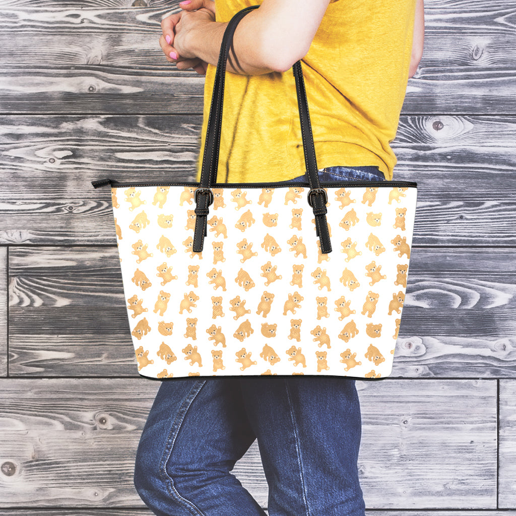 Cartoon Teddy Bear Pattern Print Leather Tote Bag