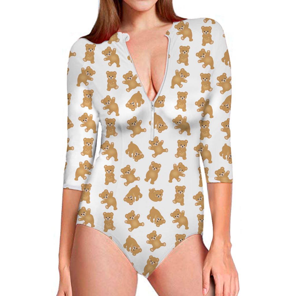 Cartoon Teddy Bear Pattern Print Long Sleeve Swimsuit