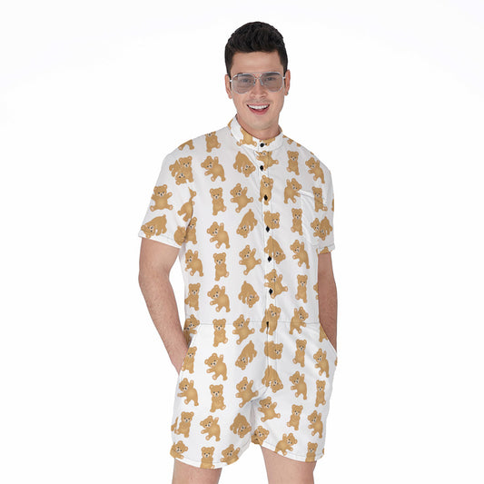 Cartoon Teddy Bear Pattern Print Men's Rompers