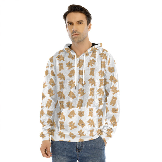 Cartoon Teddy Bear Pattern Print Men's Velvet Pullover Hoodie