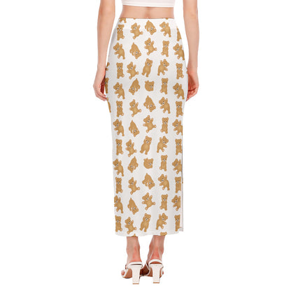 Cartoon Teddy Bear Pattern Print Side Slit Maxi Skirt