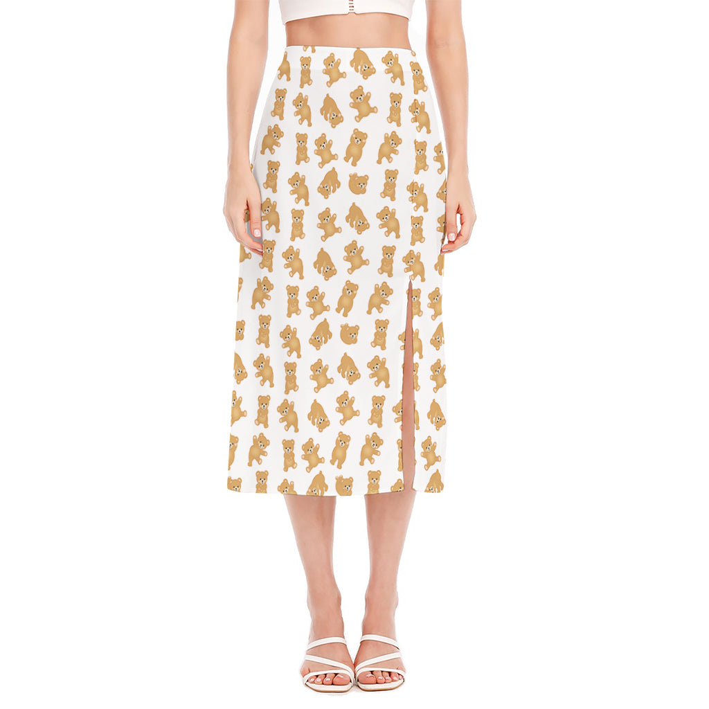 Cartoon Teddy Bear Pattern Print Side Slit Midi Skirt