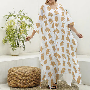 Cartoon Teddy Bear Pattern Print Silk V-Neck Kaftan Dress