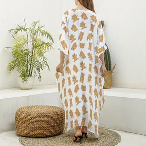 Cartoon Teddy Bear Pattern Print Silk V-Neck Kaftan Dress