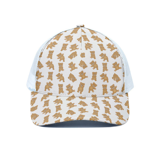 Cartoon Teddy Bear Pattern Print White Mesh Trucker Cap