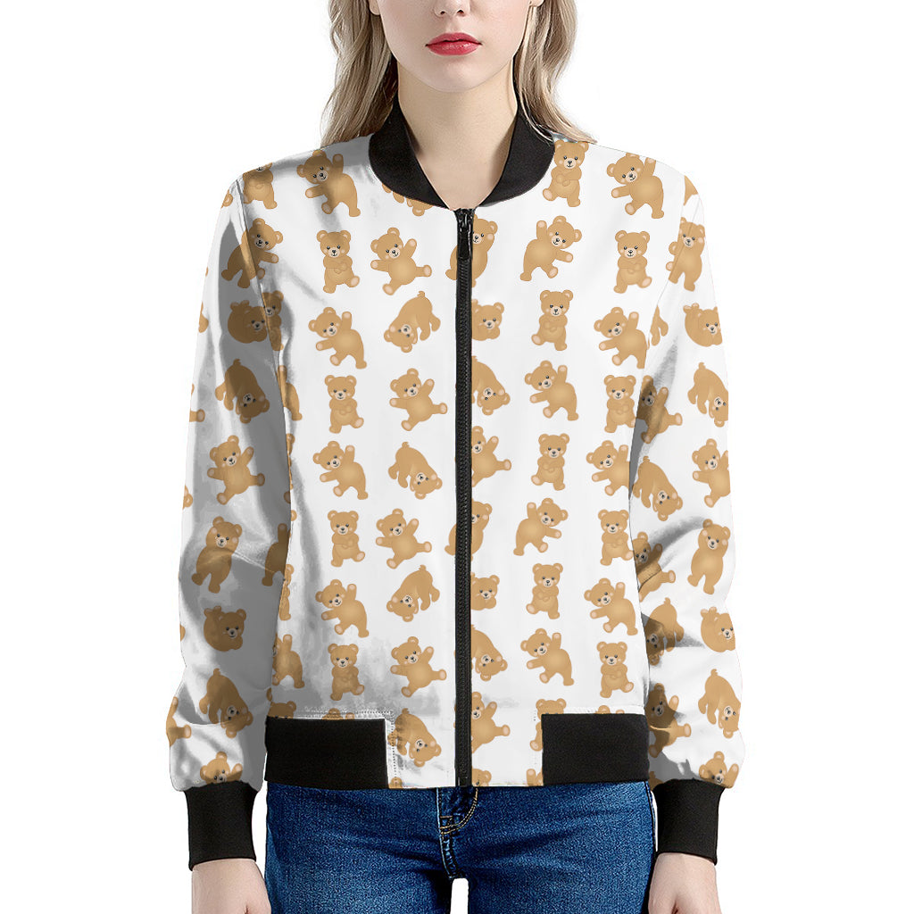 Cartoon Teddy Bear Pattern Print Women's Bomber Jacket