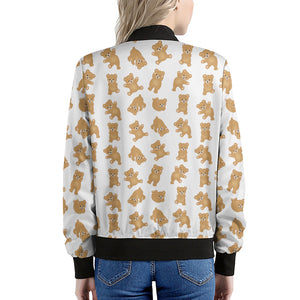 Cartoon Teddy Bear Pattern Print Women's Bomber Jacket