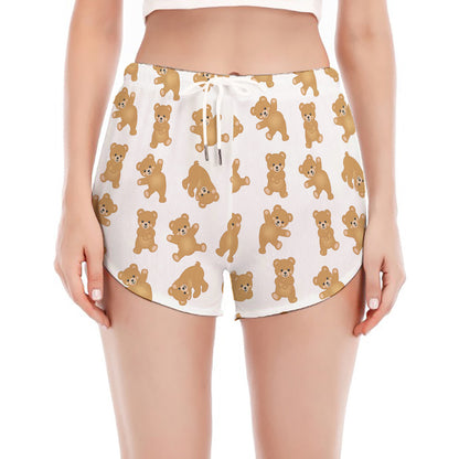 Cartoon Teddy Bear Pattern Print Women's Split Running Shorts