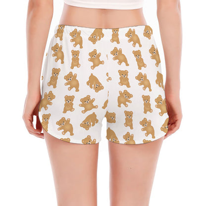Cartoon Teddy Bear Pattern Print Women's Split Running Shorts
