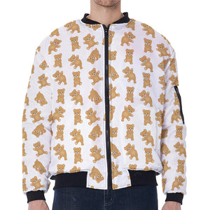 Cartoon Teddy Bear Pattern Print Zip Sleeve Bomber Jacket