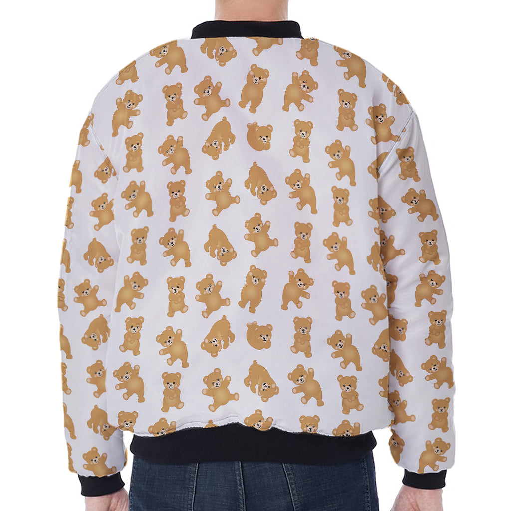 Cartoon Teddy Bear Pattern Print Zip Sleeve Bomber Jacket