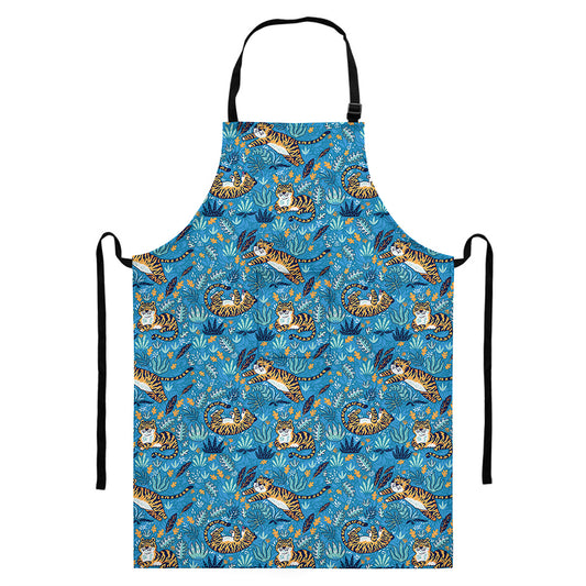 Cartoon Tiger Pattern Print Bib Apron With Pocket