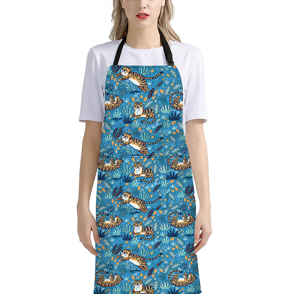 Cartoon Tiger Pattern Print Bib Apron With Pocket