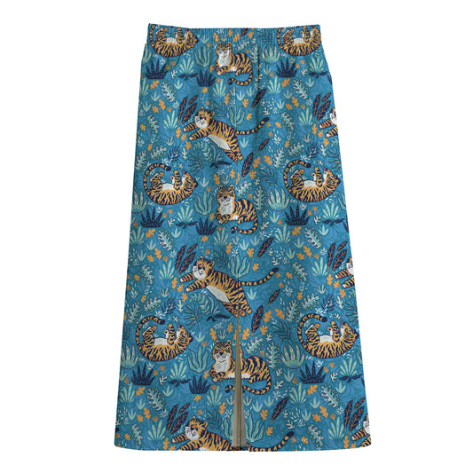 Cartoon Tiger Pattern Print Cotton Front Slit Maxi Skirt