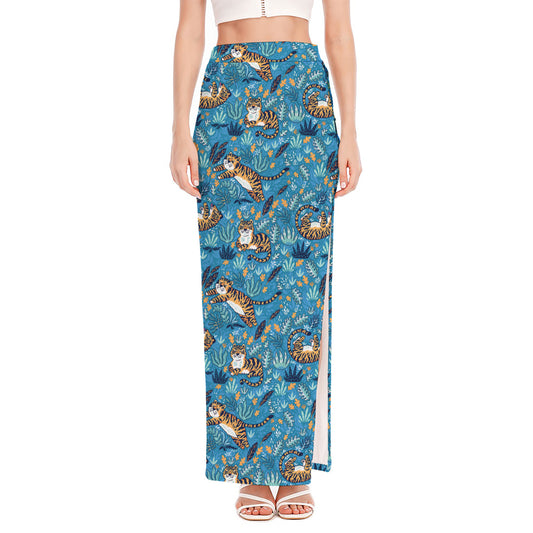 Cartoon Tiger Pattern Print High Slit Maxi Skirt