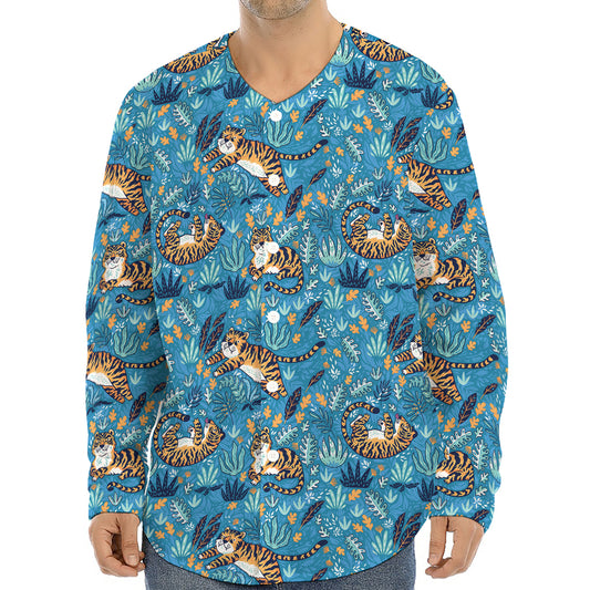 Cartoon Tiger Pattern Print Long Sleeve Baseball Jersey