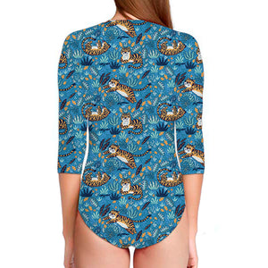 Cartoon Tiger Pattern Print Long Sleeve Swimsuit