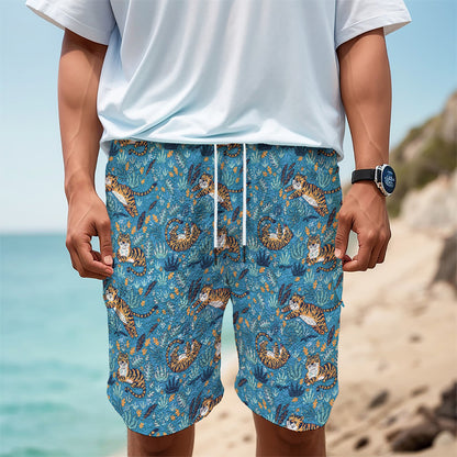 Cartoon Tiger Pattern Print Men's Cargo Shorts