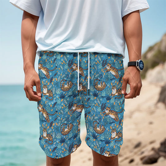 Cartoon Tiger Pattern Print Men's Cargo Shorts
