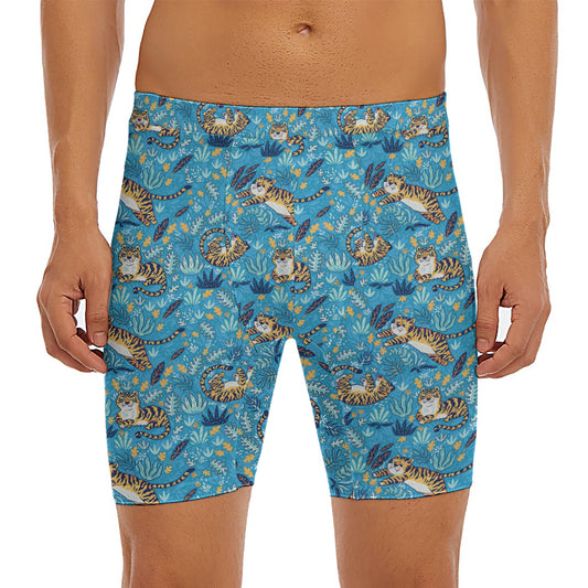 Cartoon Tiger Pattern Print Men's Long Boxer Briefs