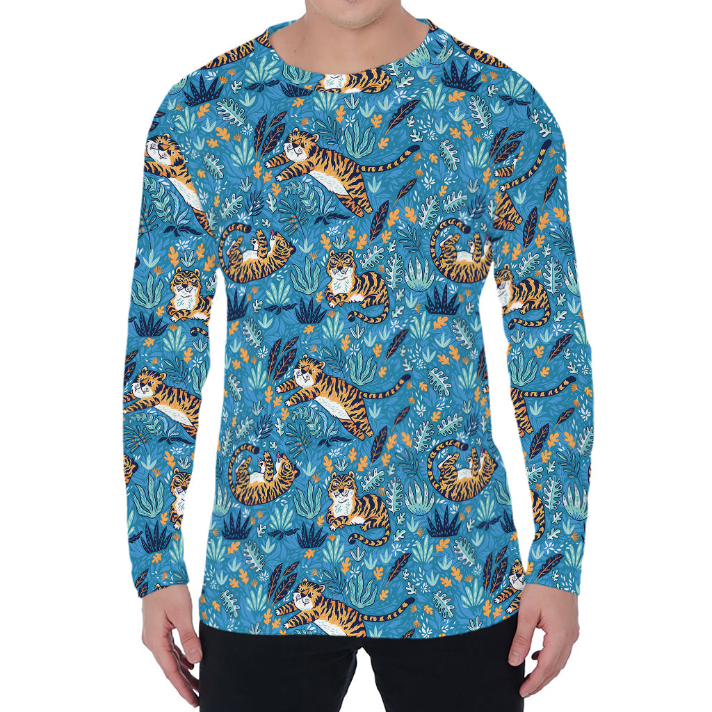 Cartoon Tiger Pattern Print Men's Long Sleeve T-Shirt