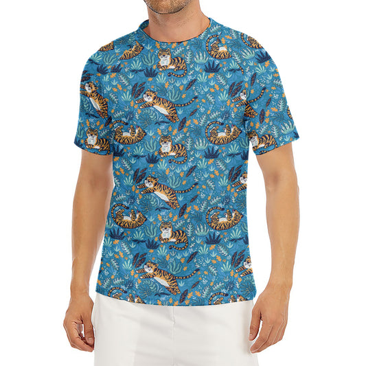 Cartoon Tiger Pattern Print Men's Short Sleeve Rash Guard