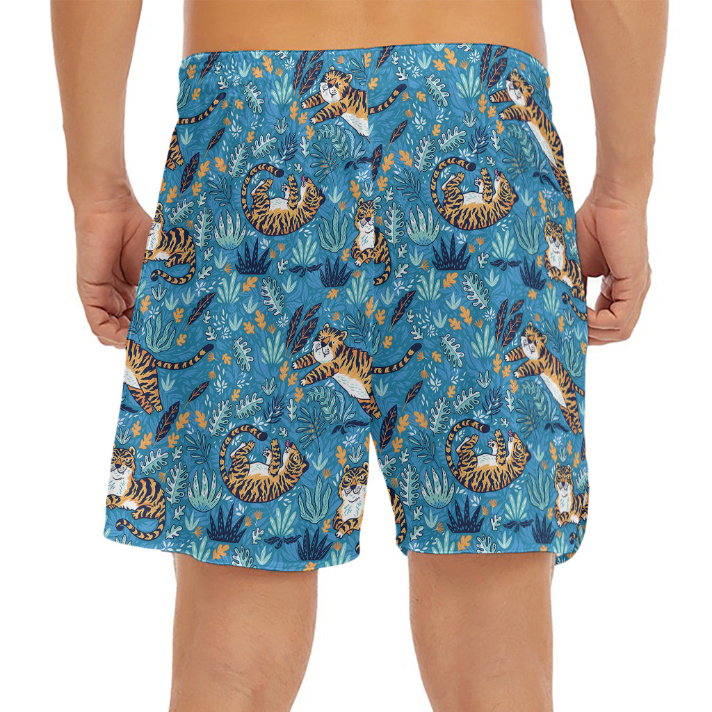 Cartoon Tiger Pattern Print Men's Split Running Shorts