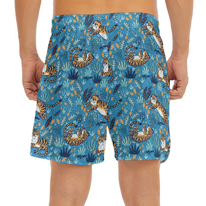 Cartoon Tiger Pattern Print Men's Split Running Shorts