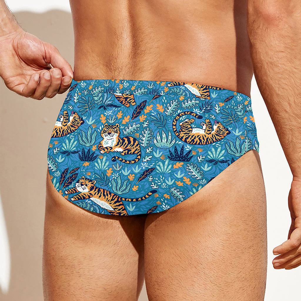 Cartoon Tiger Pattern Print Men's Swim Briefs