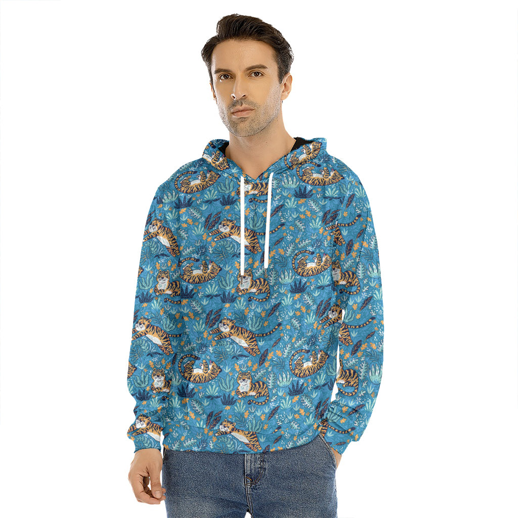 Cartoon Tiger Pattern Print Men's Velvet Pullover Hoodie