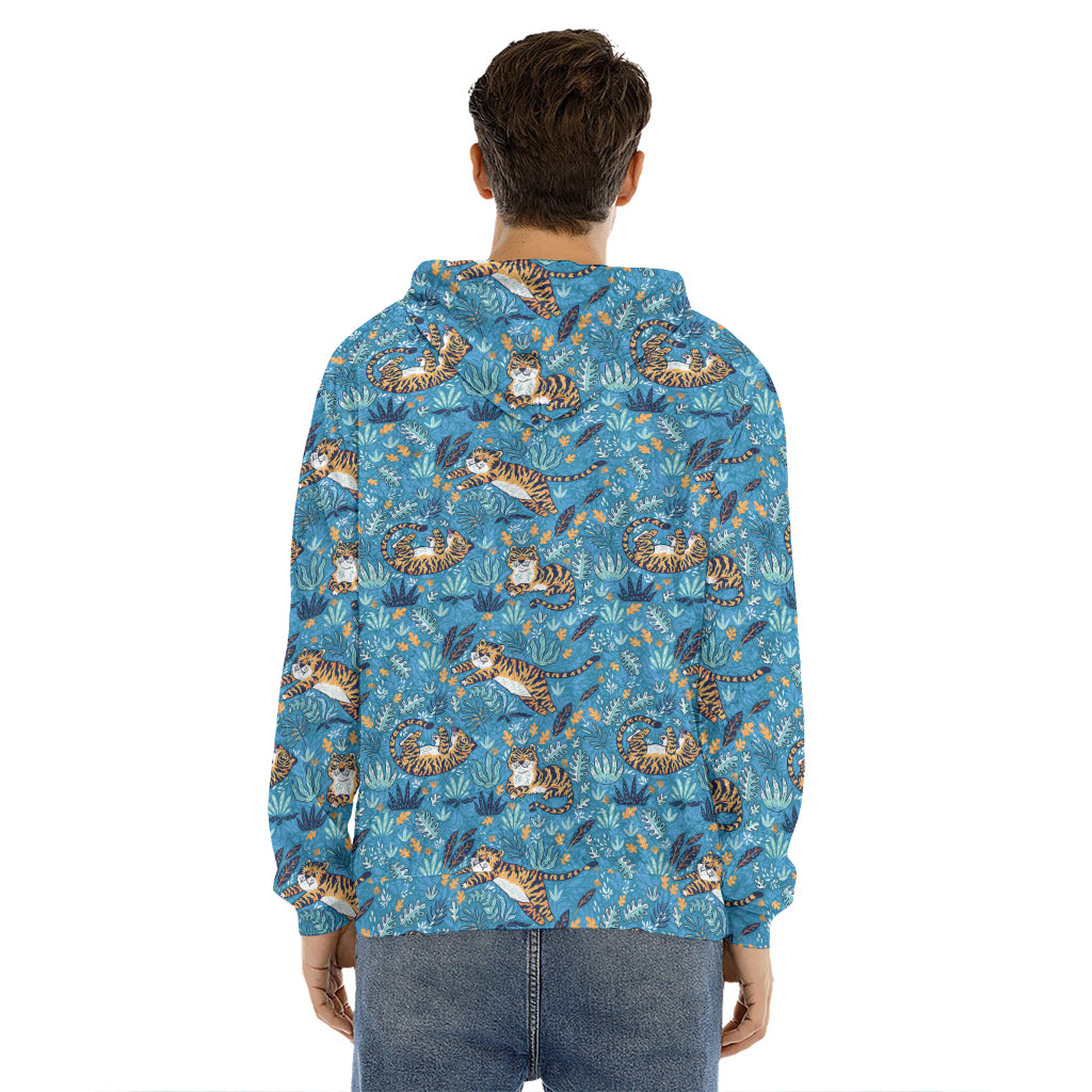 Cartoon Tiger Pattern Print Men's Velvet Pullover Hoodie
