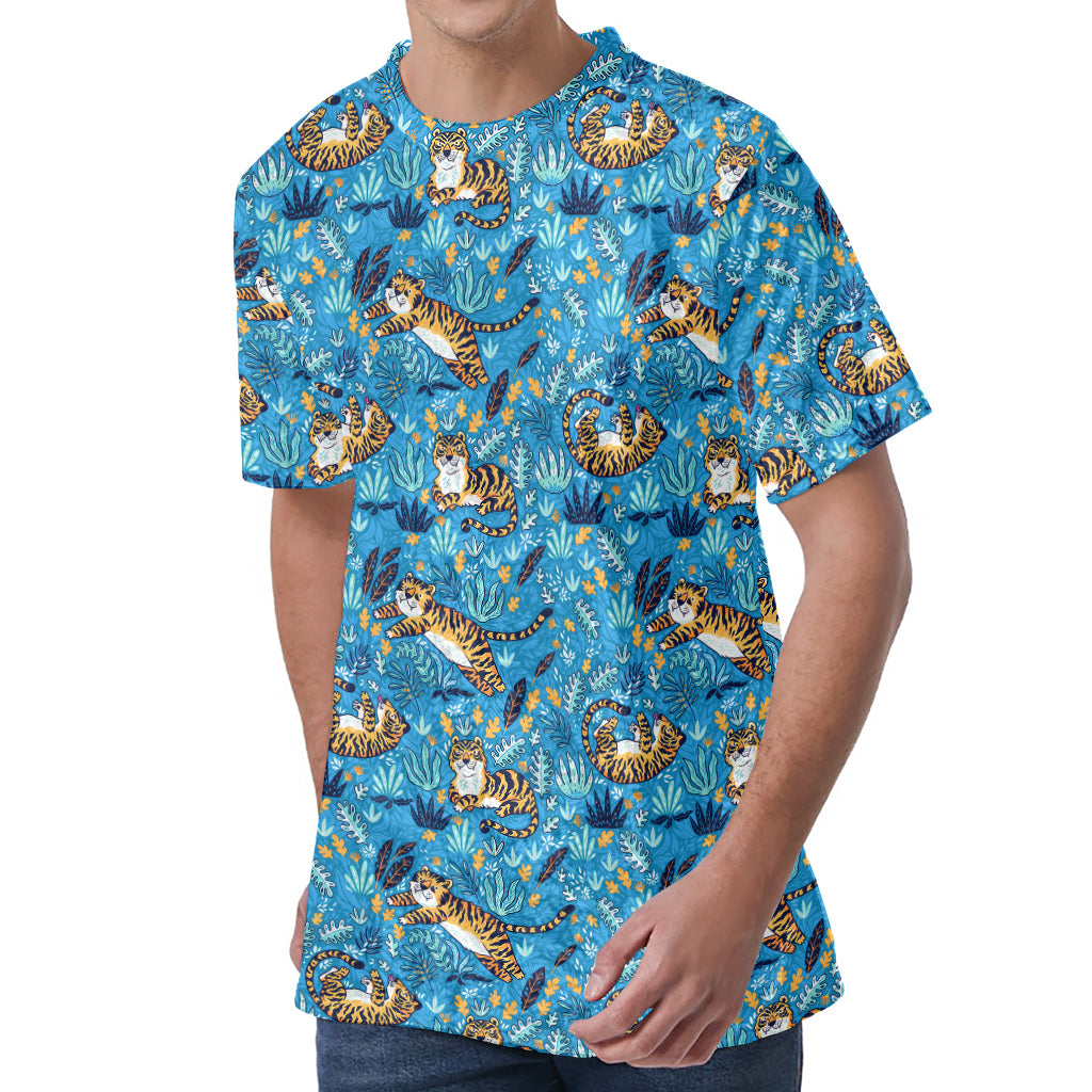 Cartoon Tiger Pattern Print Men's Velvet T-Shirt