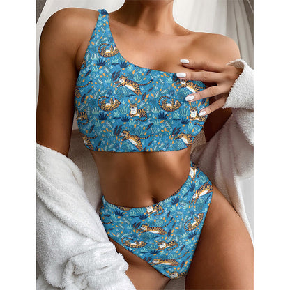 Cartoon Tiger Pattern Print One Shoulder Bikini Top