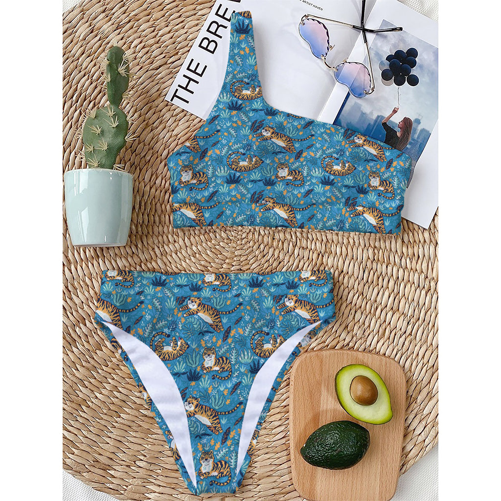 Cartoon Tiger Pattern Print One Shoulder Bikini Top