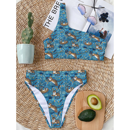 Cartoon Tiger Pattern Print One Shoulder Bikini Top