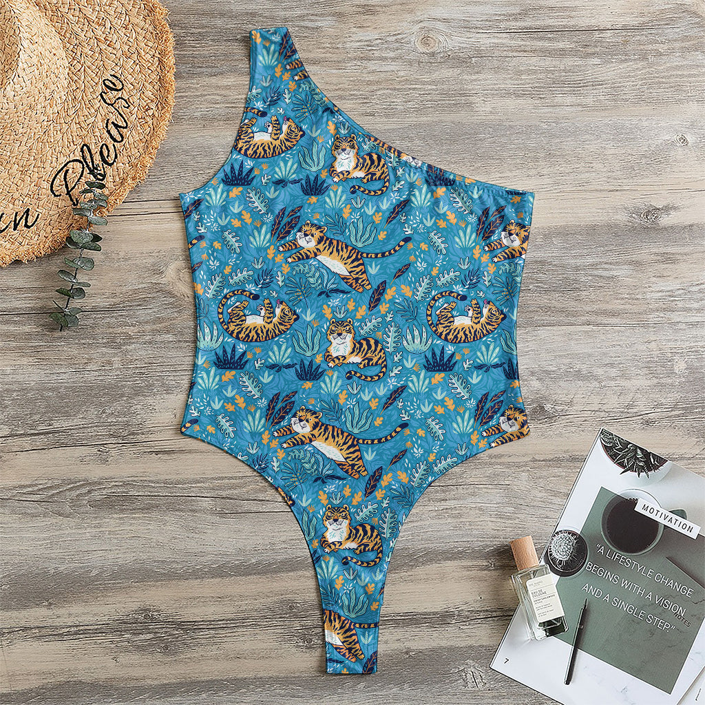 Cartoon Tiger Pattern Print One Shoulder Bodysuit