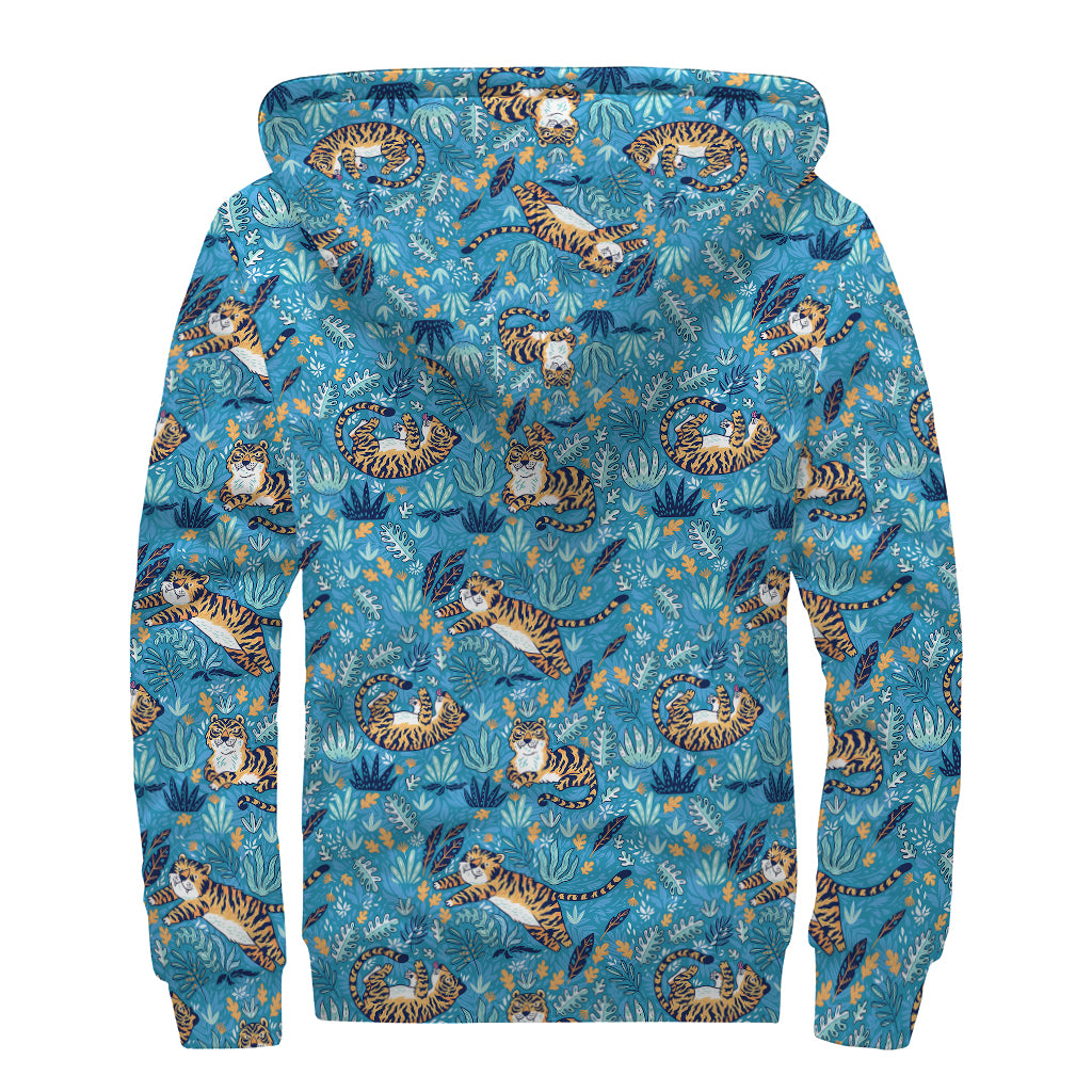 Cartoon Tiger Pattern Print Sherpa Lined Zip Up Hoodie