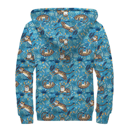 Cartoon Tiger Pattern Print Sherpa Lined Zip Up Hoodie
