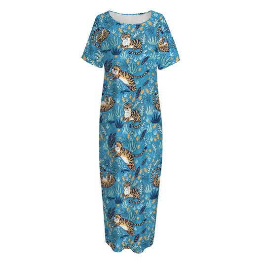 Cartoon Tiger Pattern Print Short Sleeve Long Nightdress
