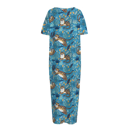 Cartoon Tiger Pattern Print Short Sleeve Long Nightdress