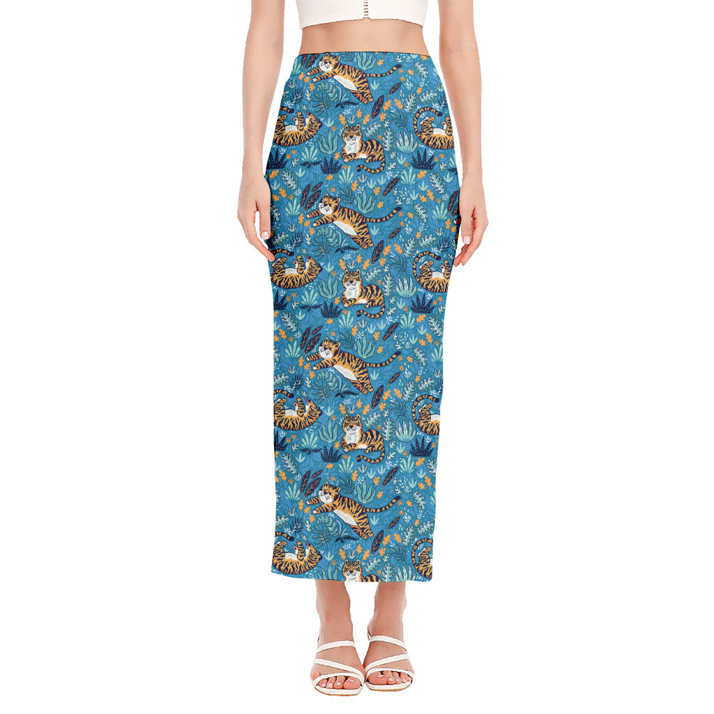 Cartoon Tiger Pattern Print Side Slit Maxi Skirt