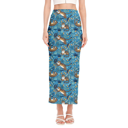 Cartoon Tiger Pattern Print Side Slit Maxi Skirt