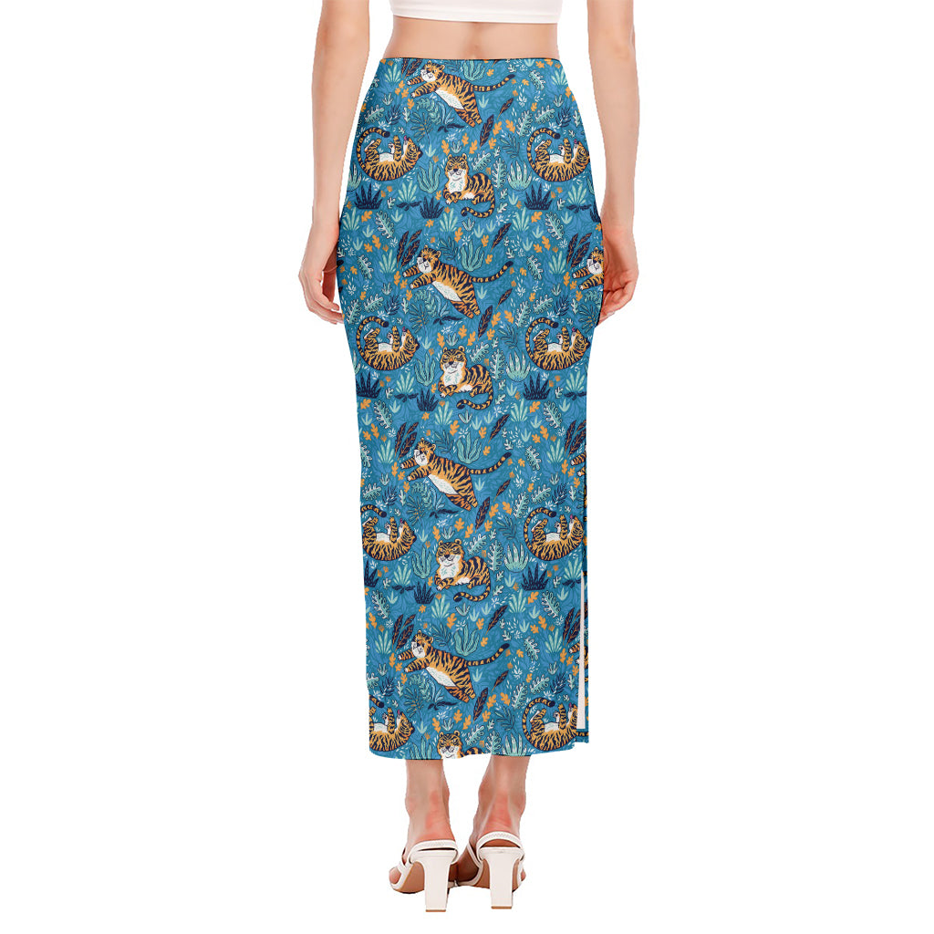 Cartoon Tiger Pattern Print Side Slit Maxi Skirt